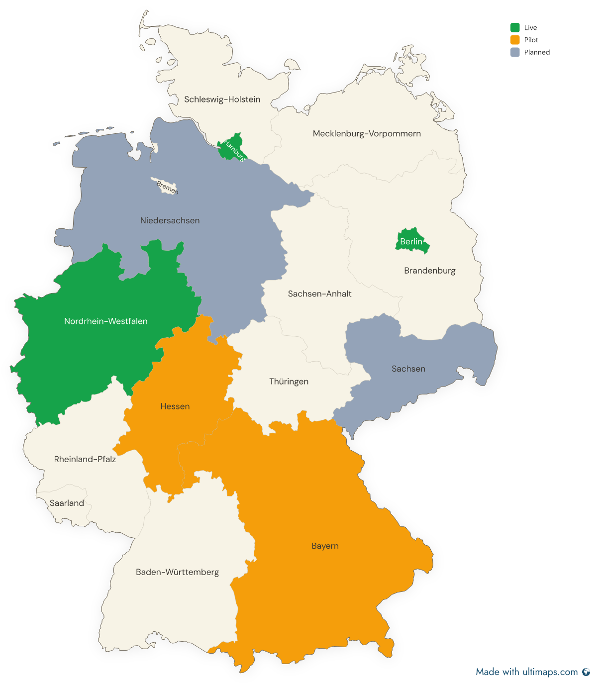 Map of Germany with its states coloured by rollout status — green for live, amber for pilot, grey for planned — beside a legend naming the three categories