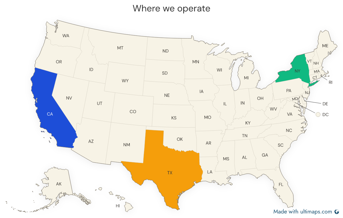 Map of the United States titled "Where we operate", with California blue, Texas orange and New York green, every other state in the theme default and labelled with its abbreviation