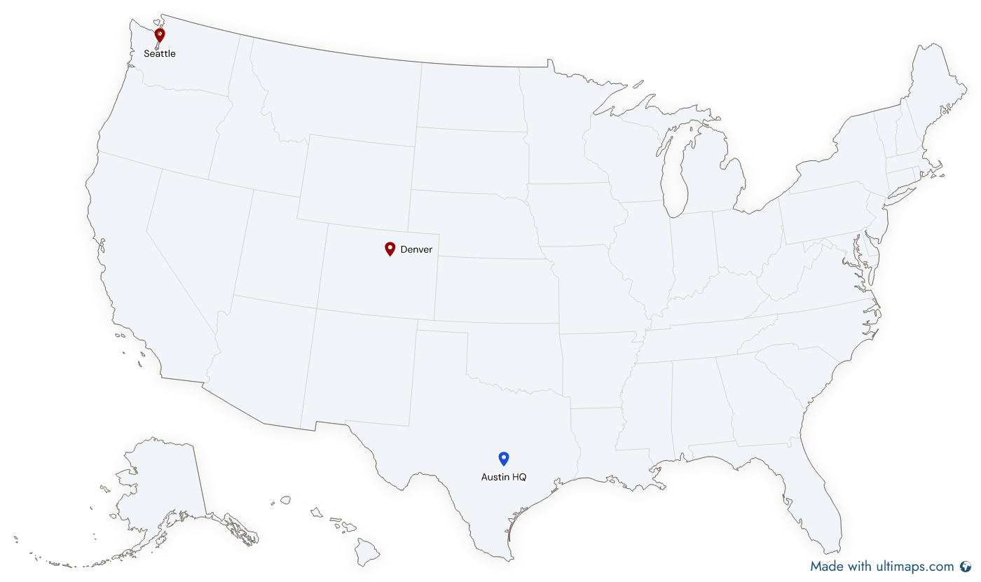 Map of the United States on a pale theme with labelled pins on Austin, Denver and Seattle, the Austin pin in blue and the other two in the default red