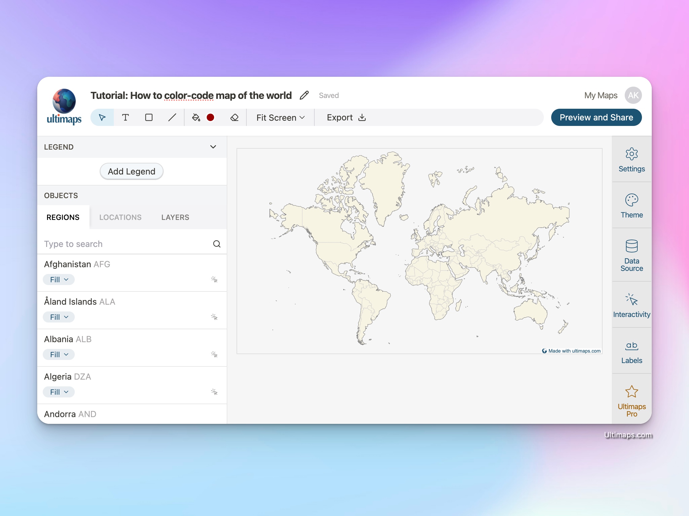 Create color-coded map of the world: Ultimaps Studio interface