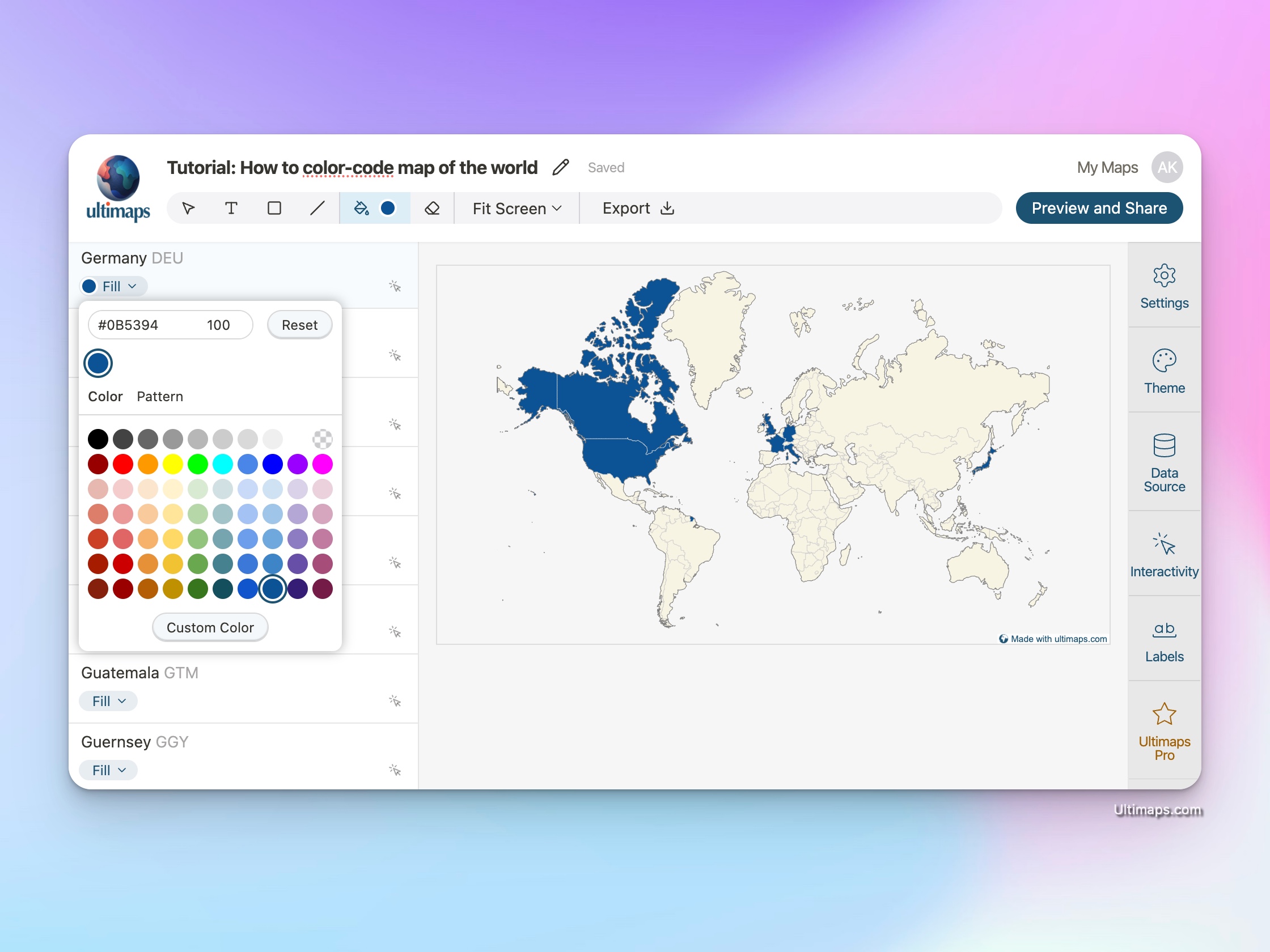 Create color-coded map of the world: color-code countries