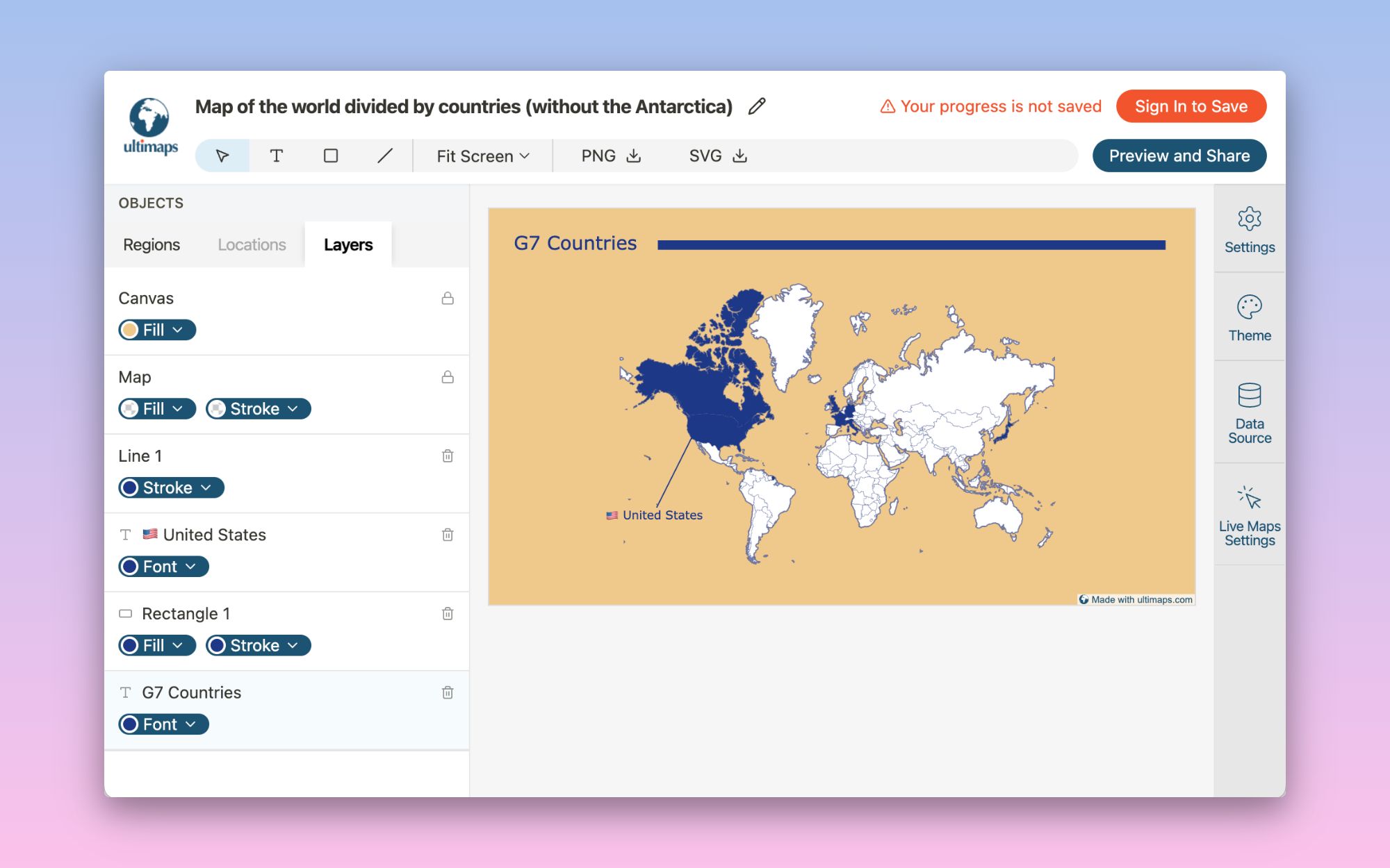 Create color-coded map of the world: rectangles, lines and text