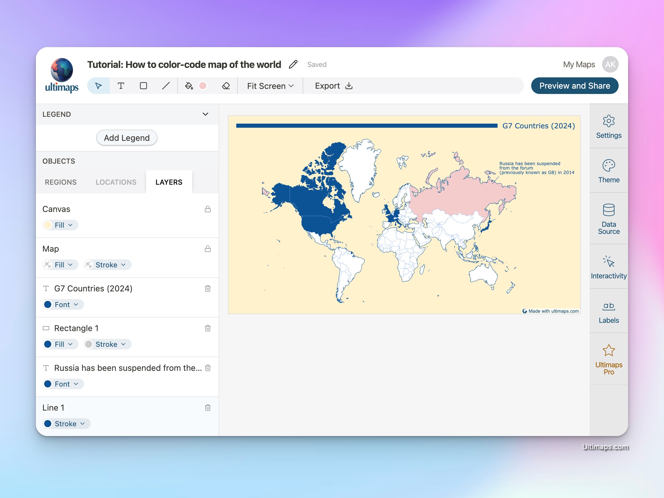 Create color-coded map of the world: rectangles, lines and text