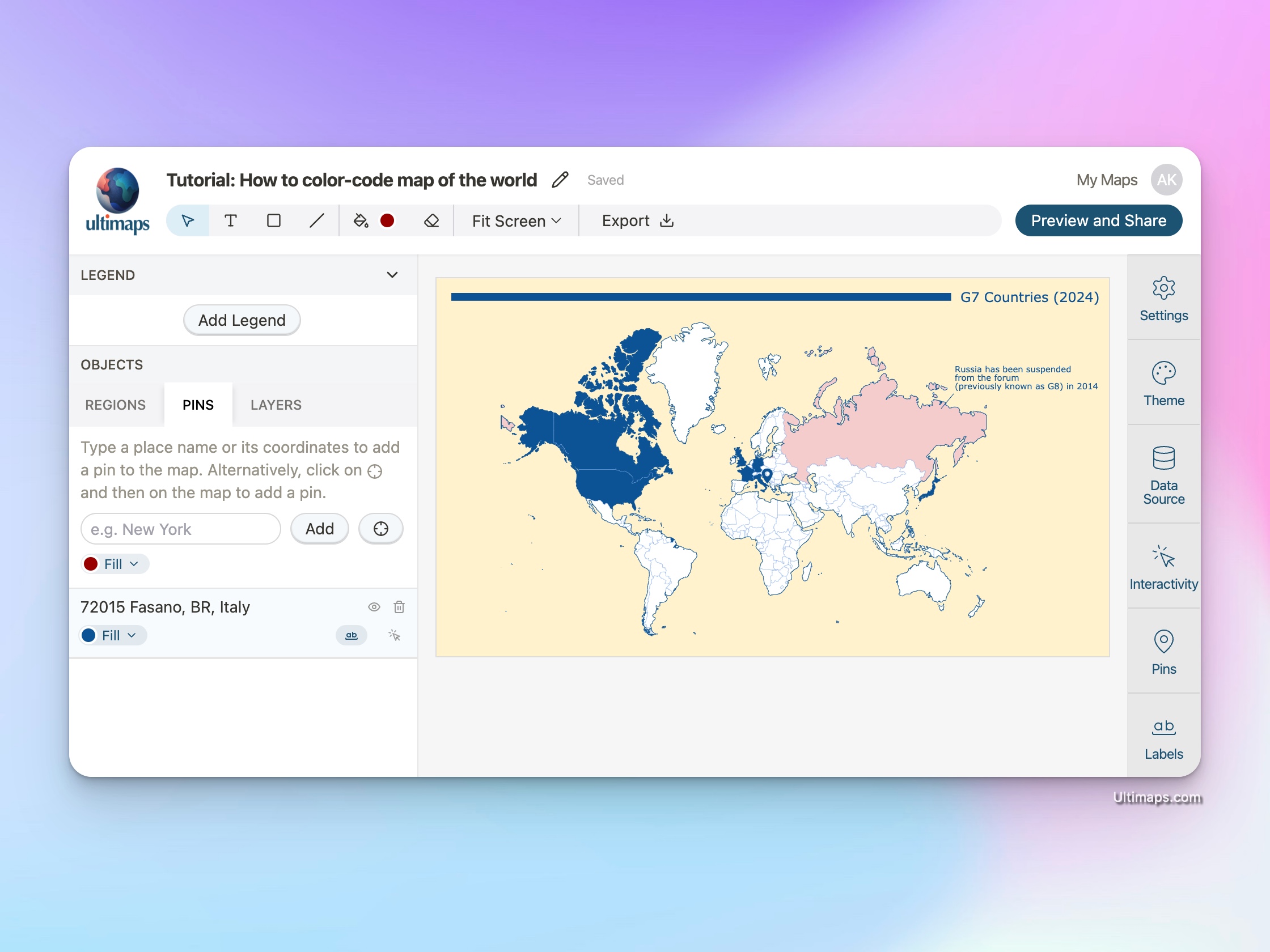 Create color-coded map of the world: adding pins to the map