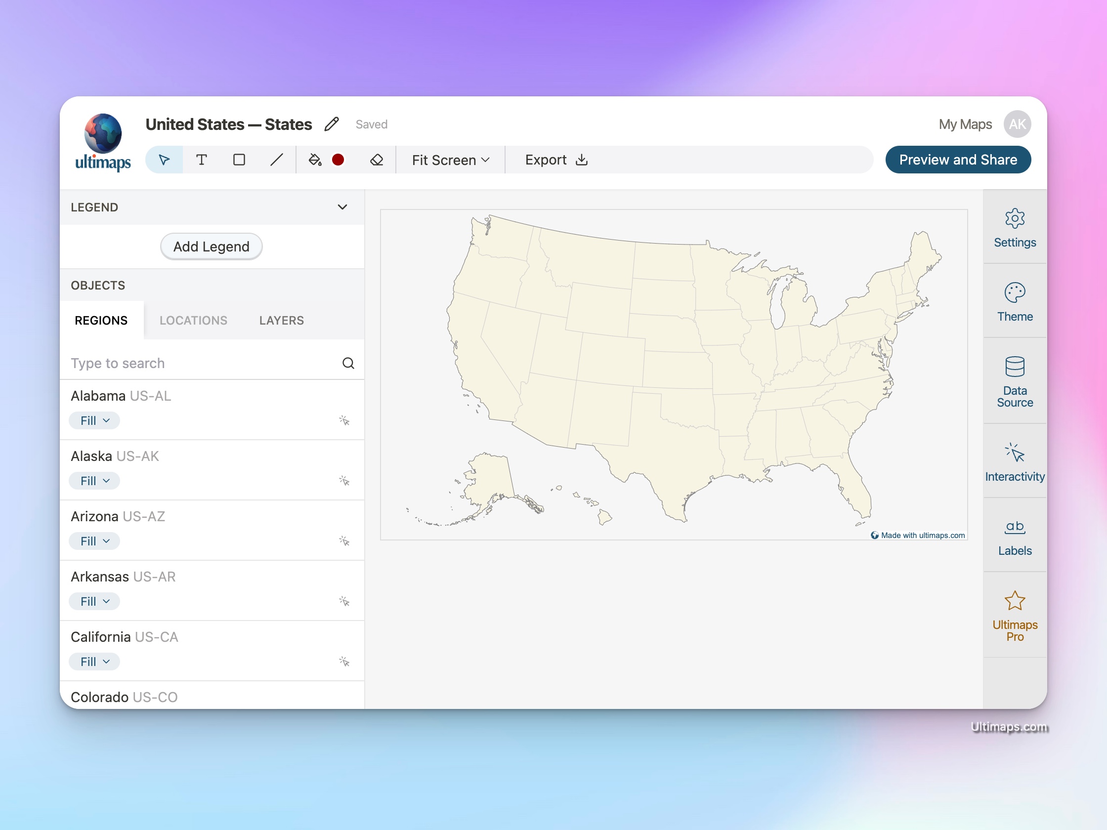 How to create US map with colored states: Ultimaps Studio interface