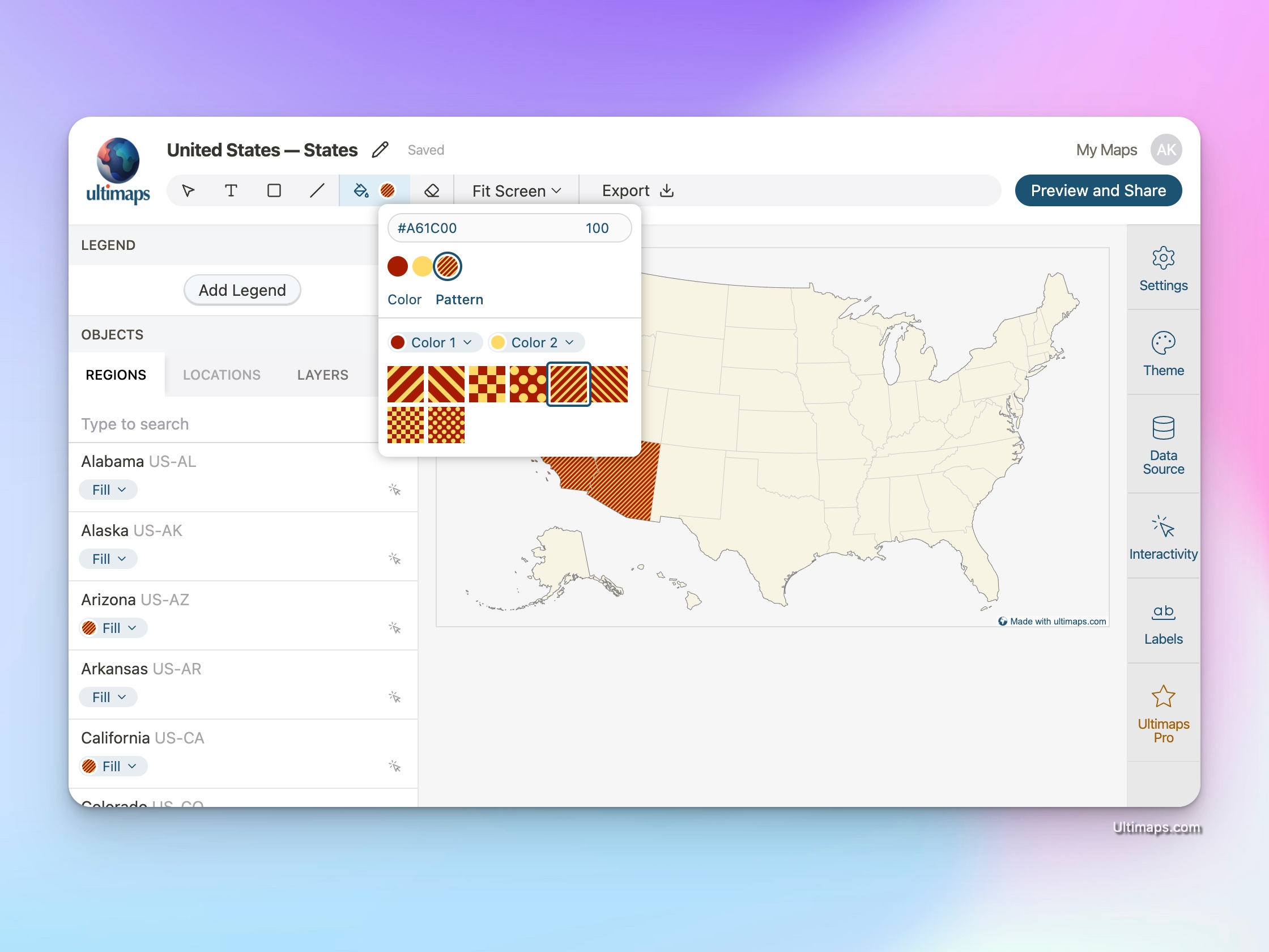 How to create US map with colored states: using pattern fills