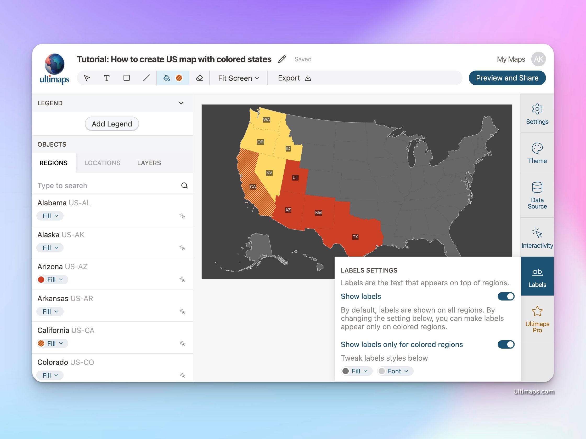 How to create US map with colored states: enabling labels