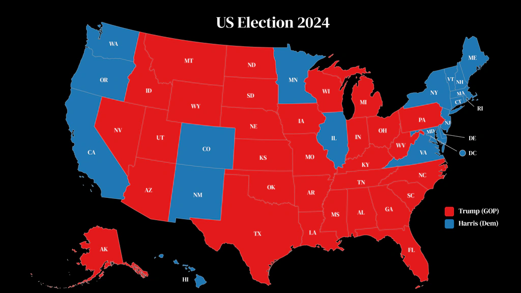 US presidential election map with states colored red and blue by party with state labels