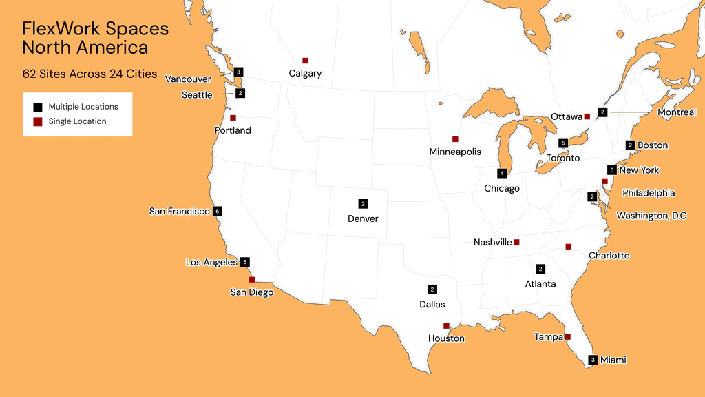 Map of the United States and Canada showing 62 coworking locations across 24 cities with numbered pins indicating multiple sites per city