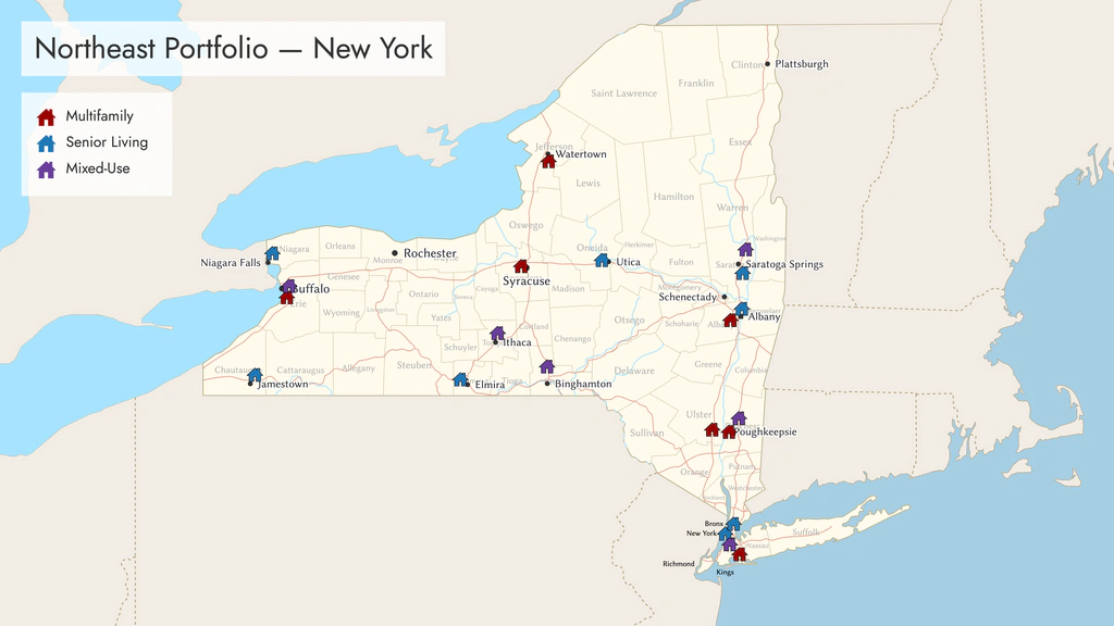 Portfolio map of New York state showing individual property locations color-coded by type: multifamily, mixed-use, and senior living