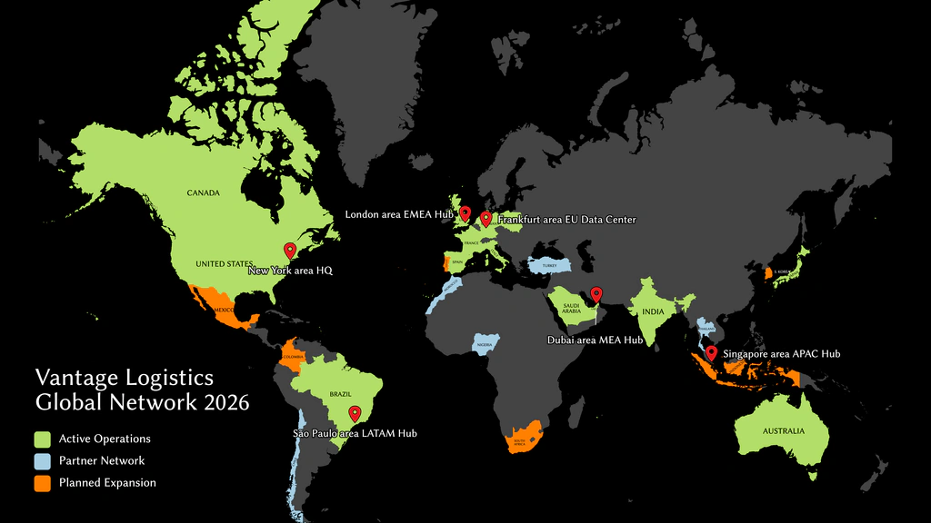 World map showing a company's global presence with highlighted countries and pins marking office locations