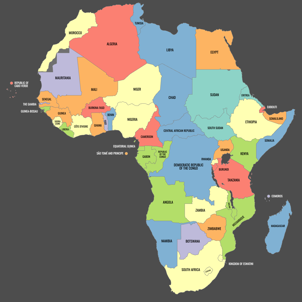 Colored Map of Africa with Labels (Dark Theme)