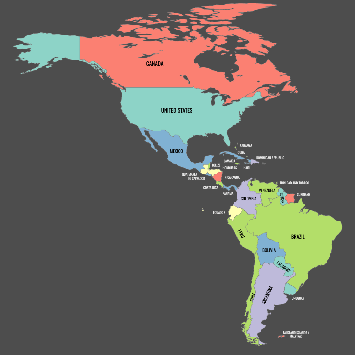 Colored Map of Americas with Labels (Dark Theme)