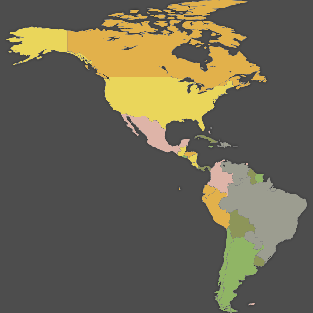 Colored Map of Americas (Dark Theme)