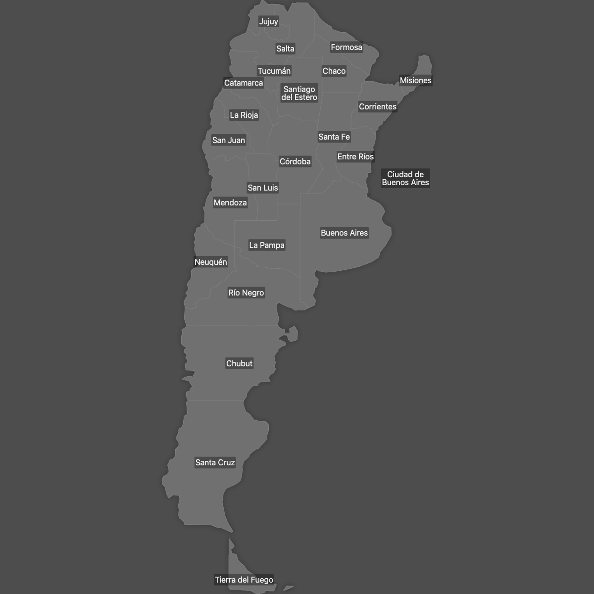 Blank Map of Argentina Provinces with Labels (Dark Theme)