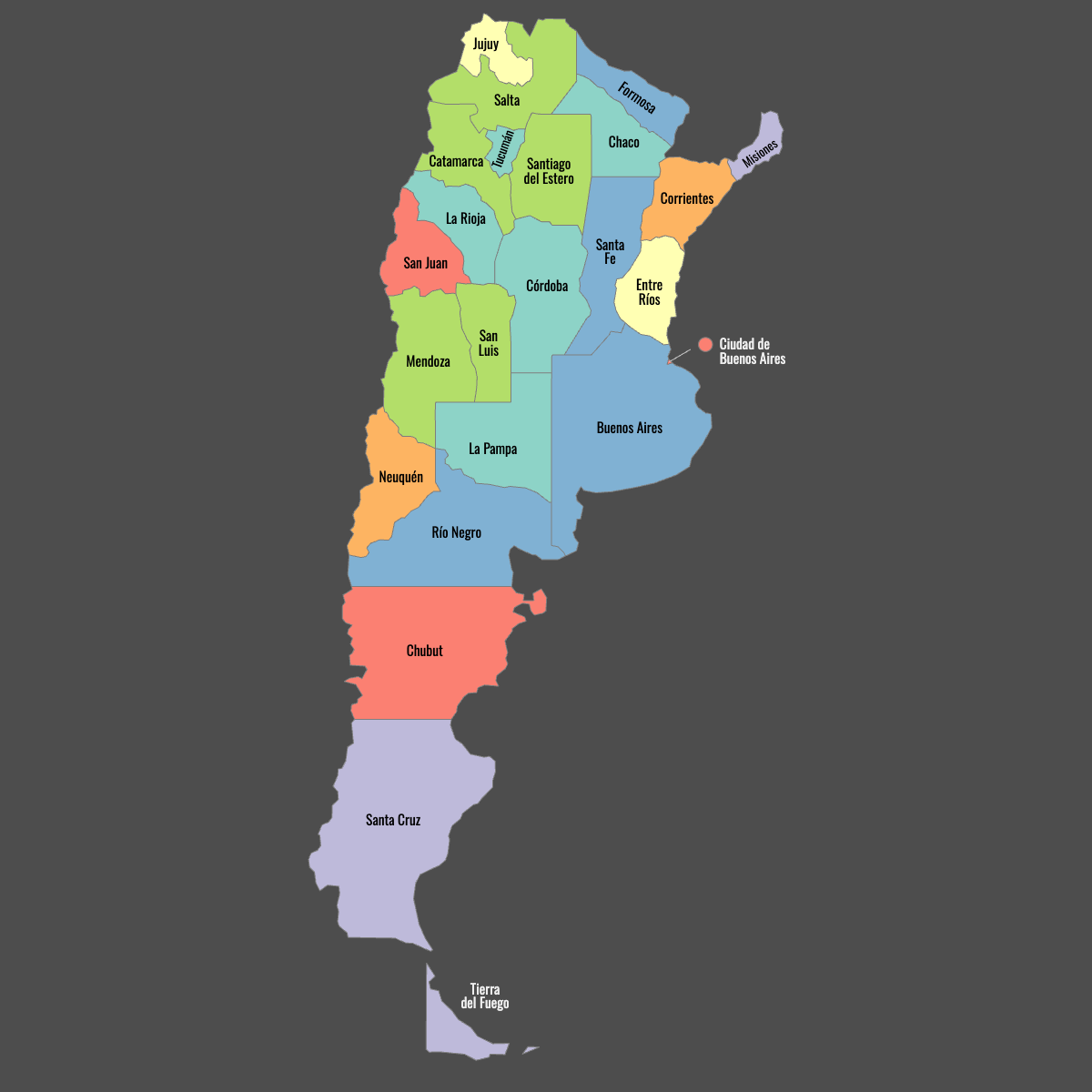 Colored Map of Argentina Provinces with Labels (Dark Theme)