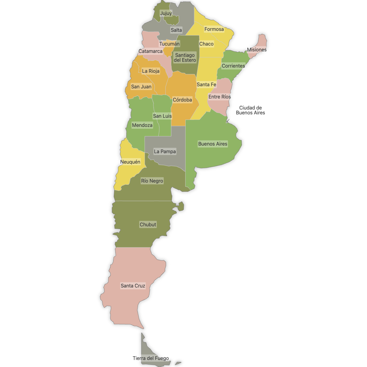 Colored Map of Argentina Provinces with Labels