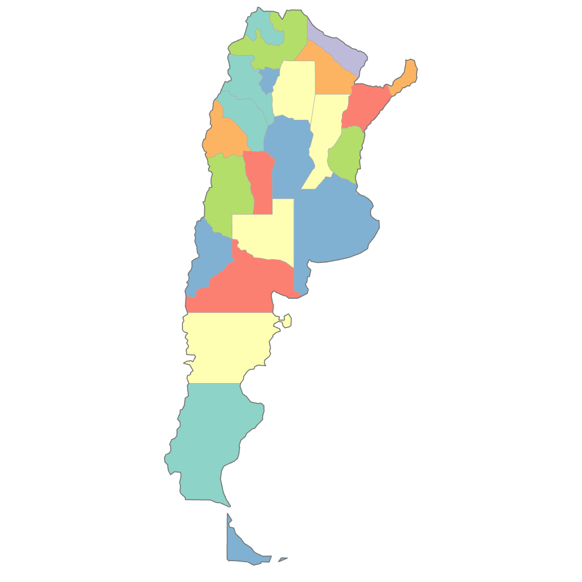 Colored Map of Argentina Provinces