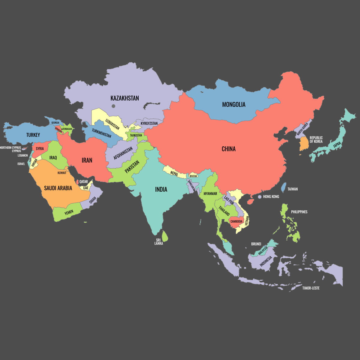 Colored Map of Asia with Labels (Dark Theme)