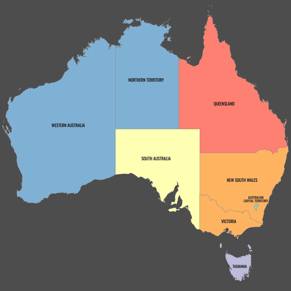 Colored Map of Australia with Labels (Dark Theme)