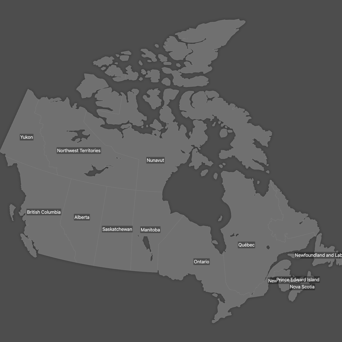 Blank Map of Canada Provinces with Labels (Dark Theme)