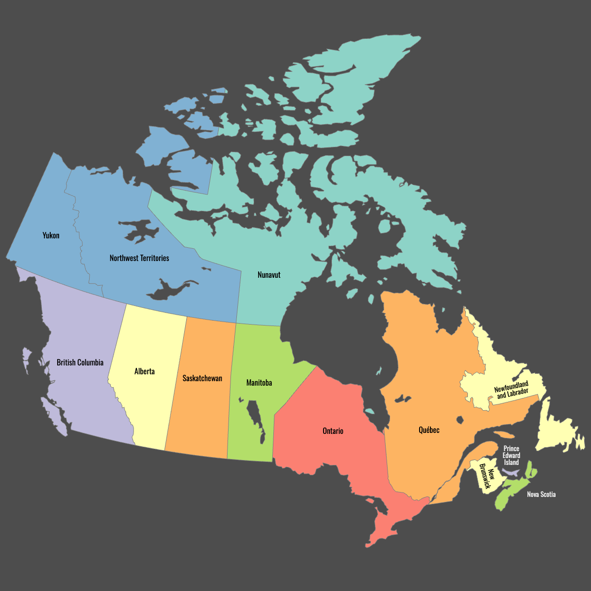 Colored Map of Canada Provinces with Labels (Dark Theme)