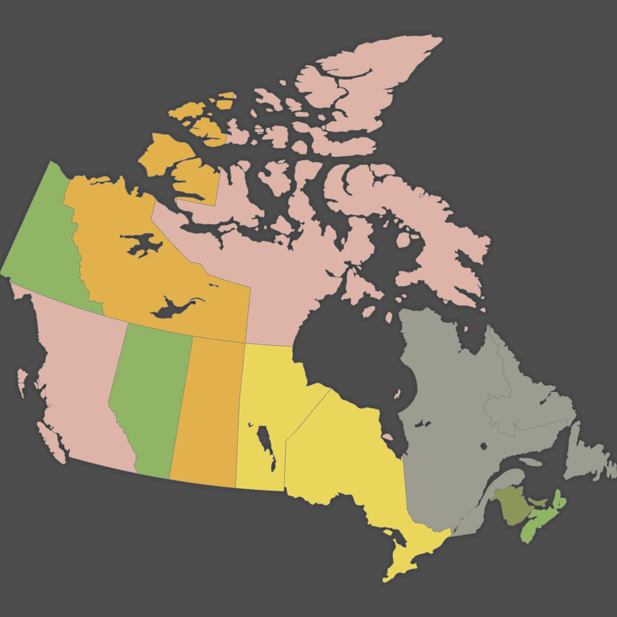 Colored Map of Canada Provinces (Dark Theme)