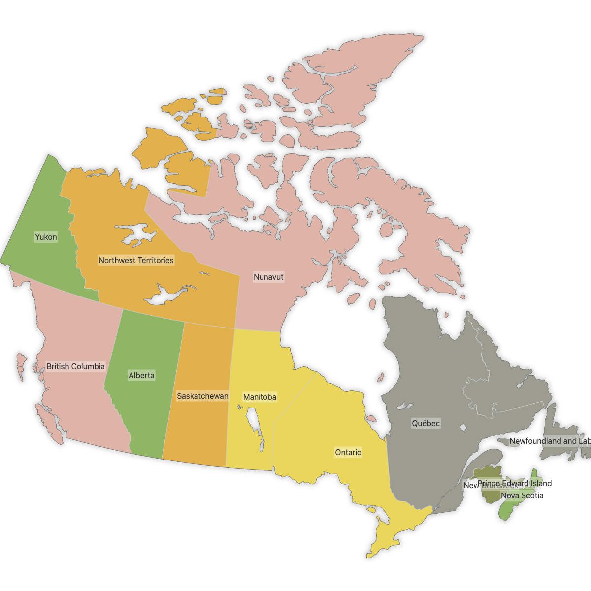 Colored Map of Canada Provinces with Labels