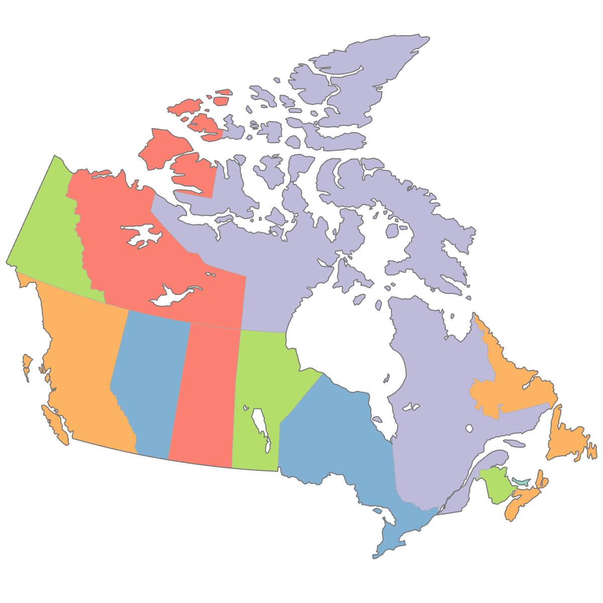 Colored Map of Canada Provinces