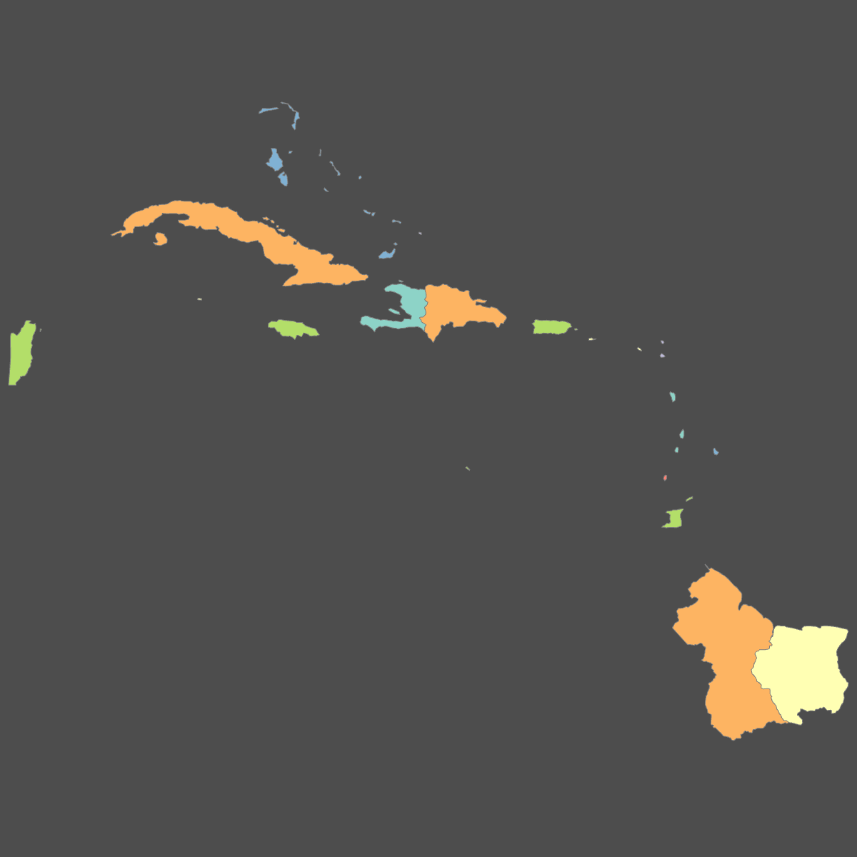 Colored Map of Caribbean countries (Dark Theme)