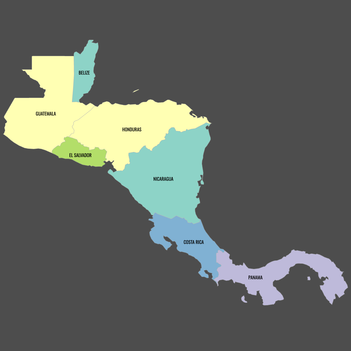 Colored Map of Central America with Labels (Dark Theme)