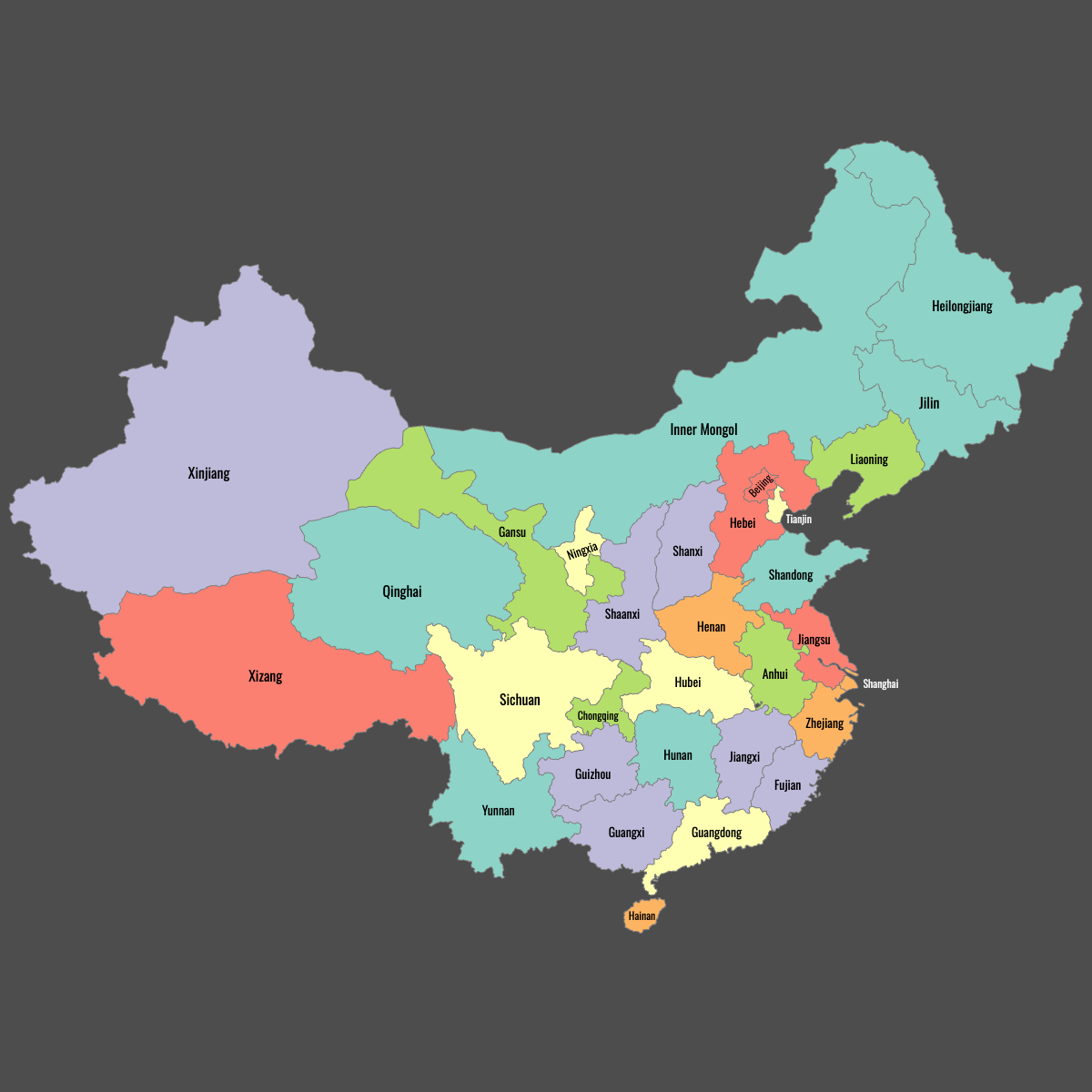 Colored Map of China Provinces with Labels (Dark Theme)