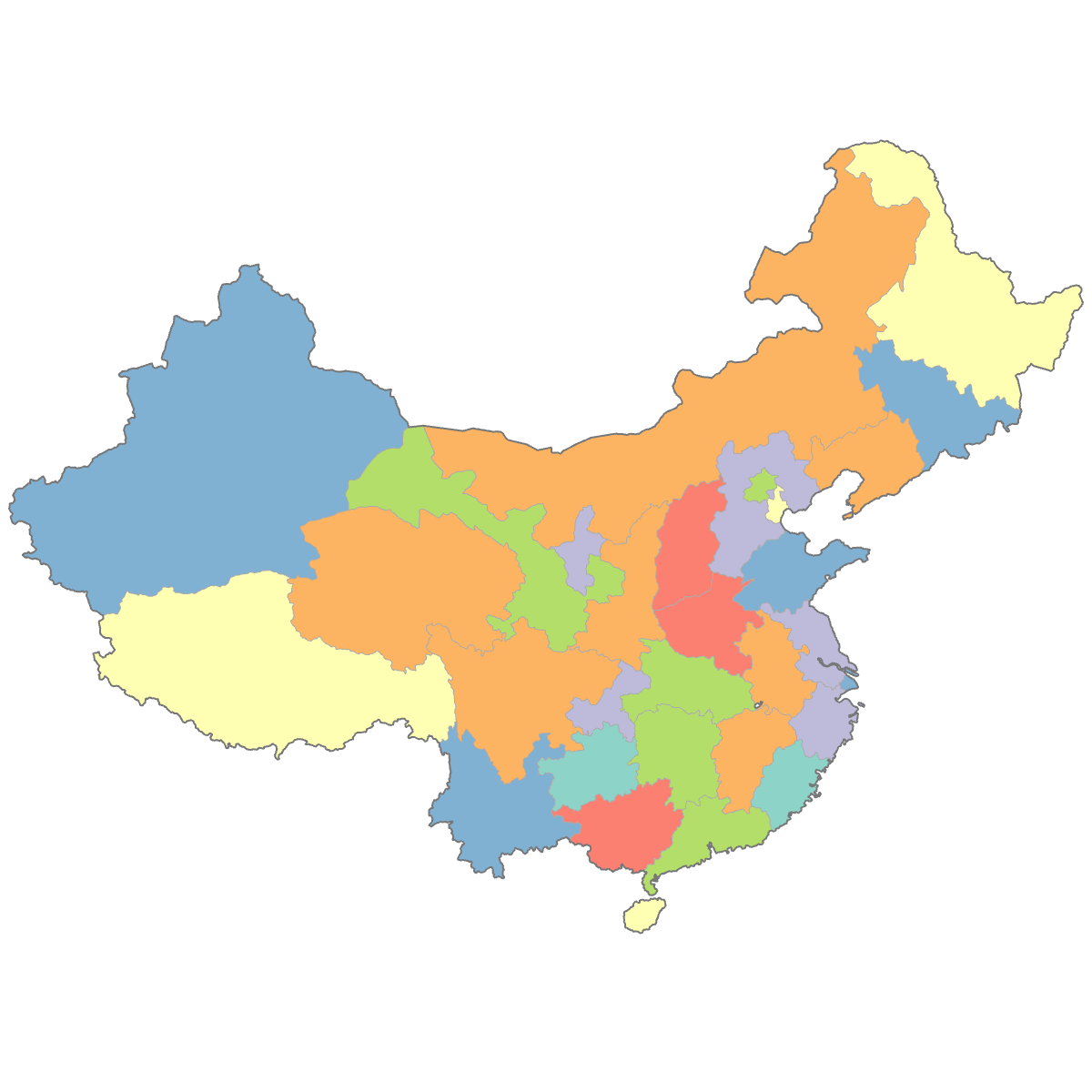 Colored Map of China Provinces