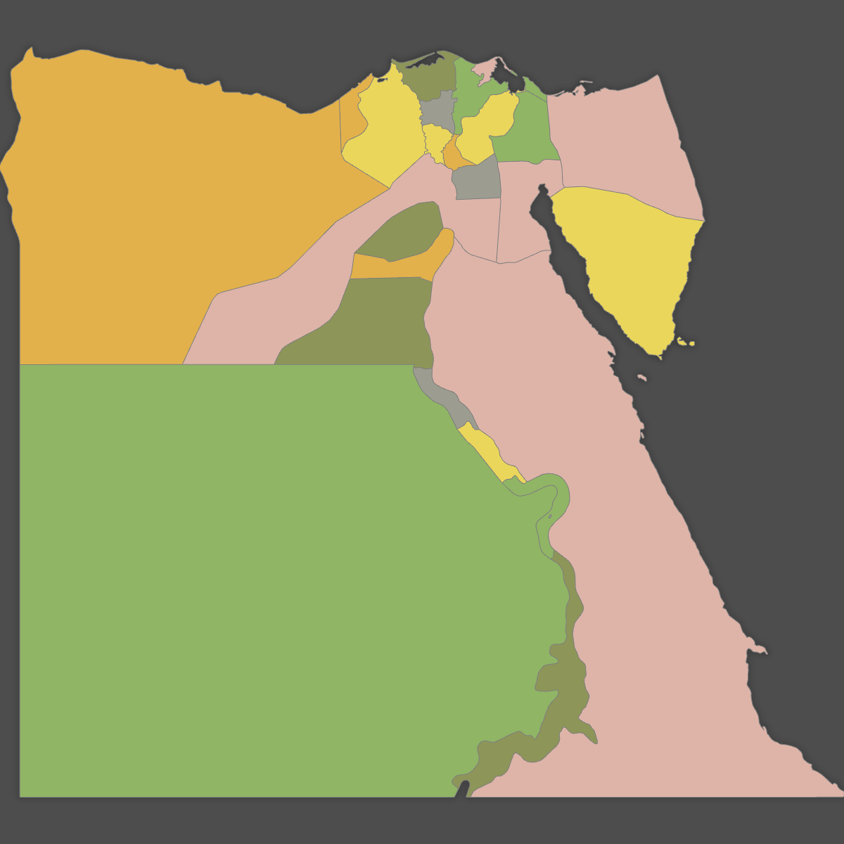 Colored Map of Egypt Governorates (Dark Theme)