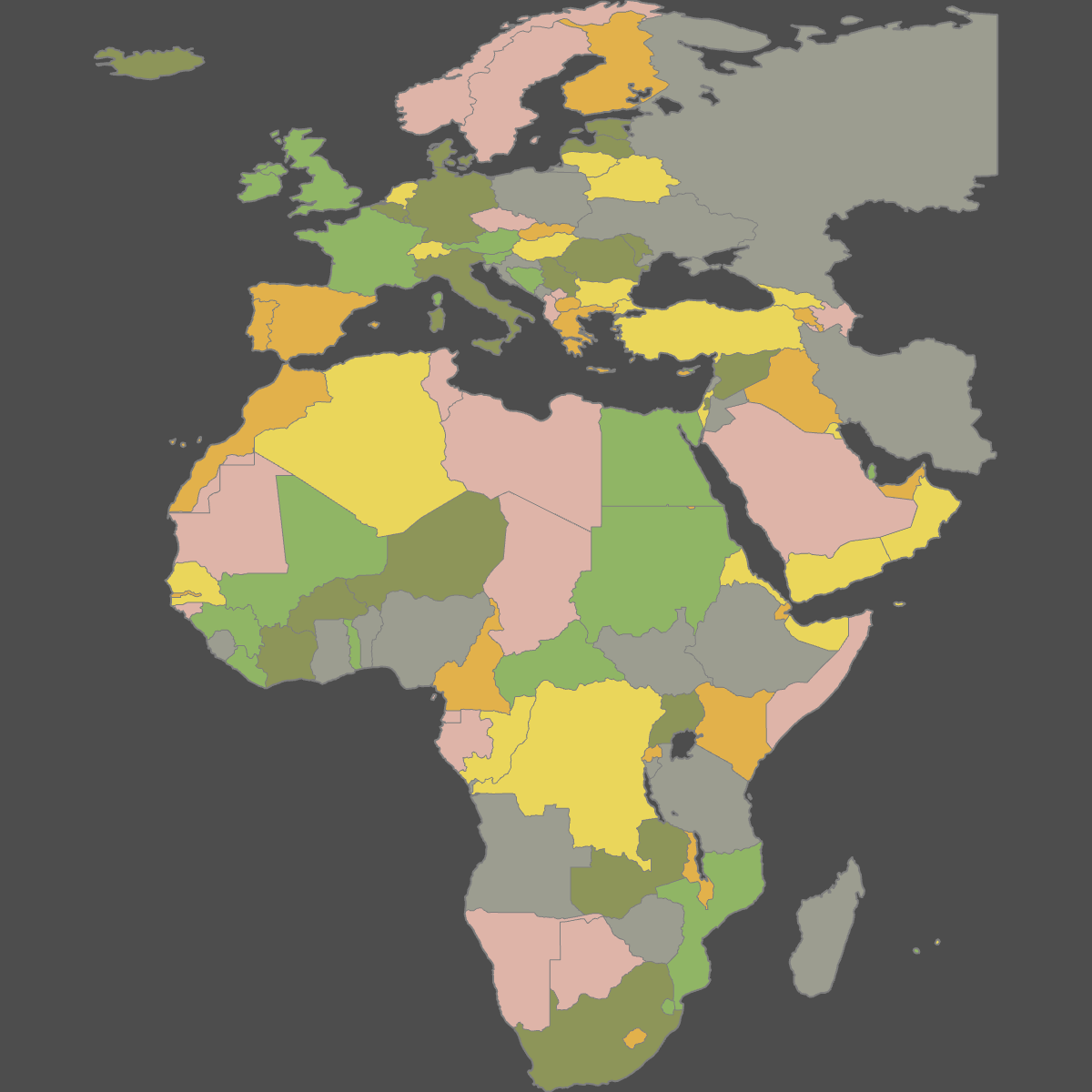 Colored Map of EMEA countries (Dark Theme)