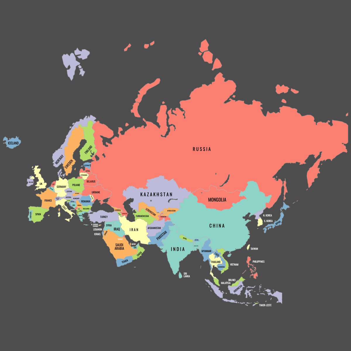 Colored Map of Eurasia with Labels (Dark Theme)