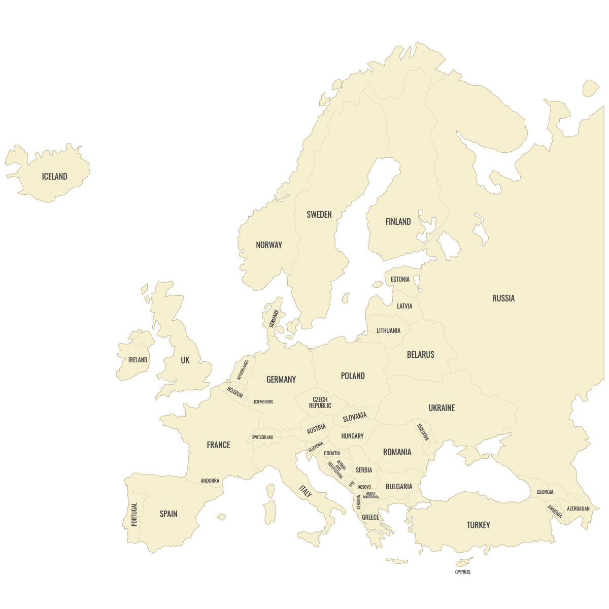 Blank Map of Europe Countries With Labels
