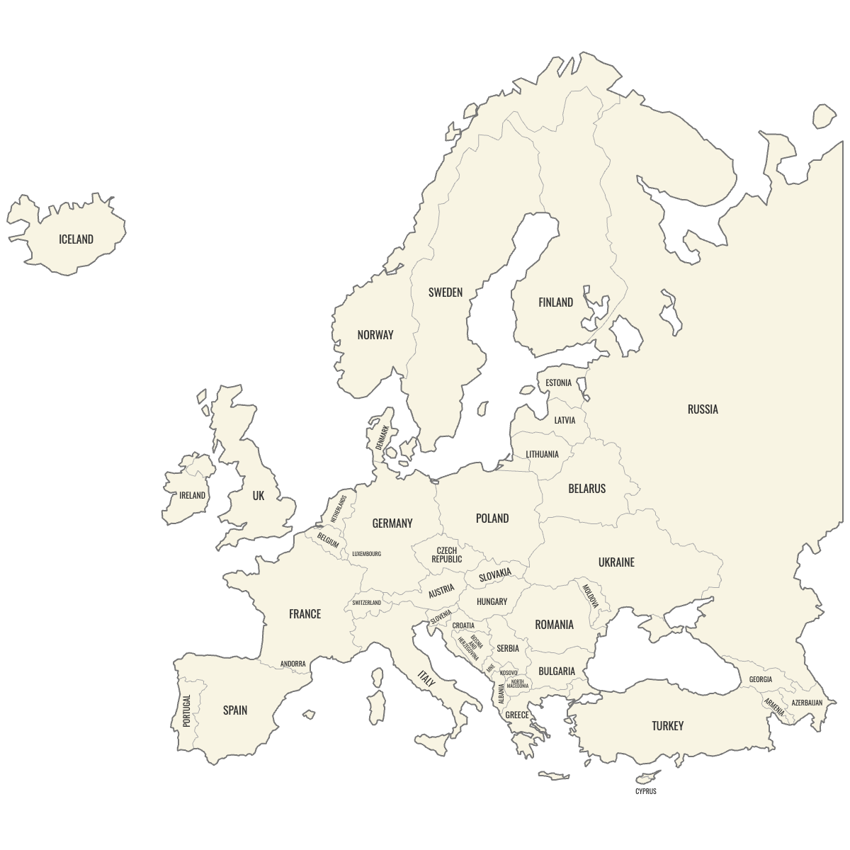 Blank Map of Europe Countries with Labels