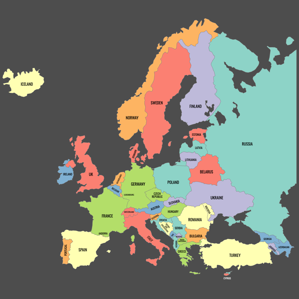 Colored Map of Europe Countries with Labels (Dark Theme)