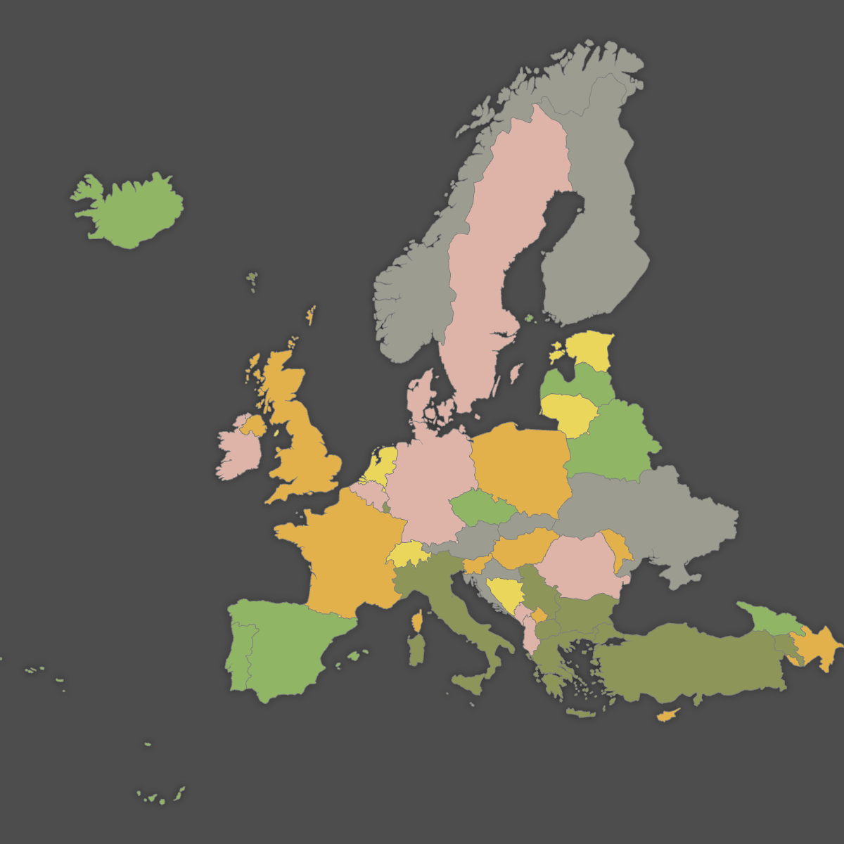 Colored Map of Europe Countries (Dark Theme)