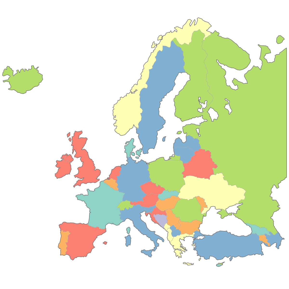 Colored Map of Europe Countries