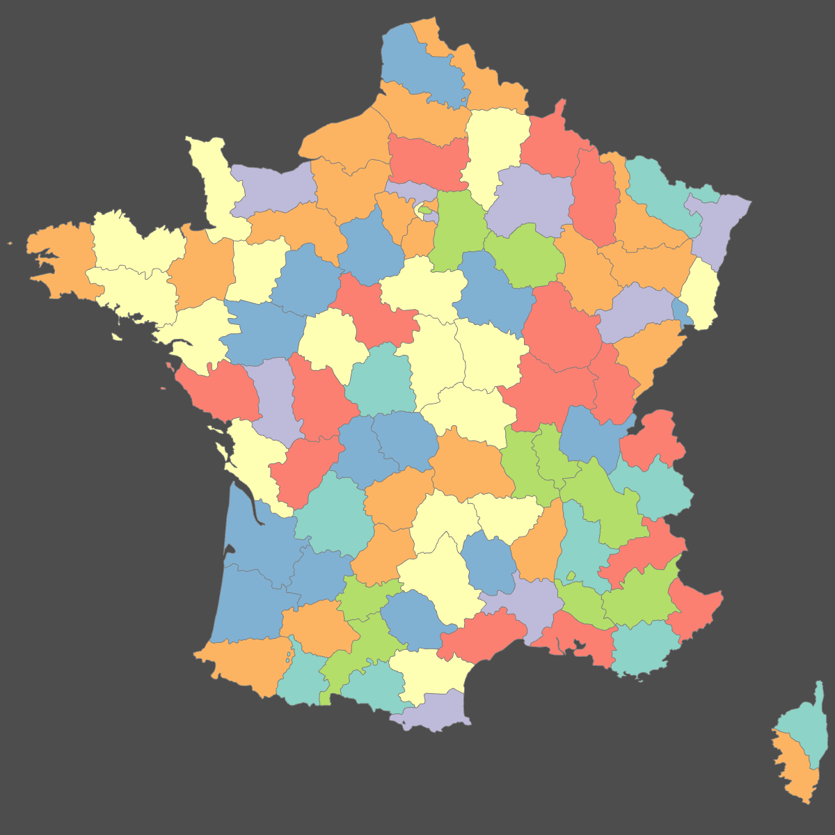 Colored Map of France Departments (Dark Theme)