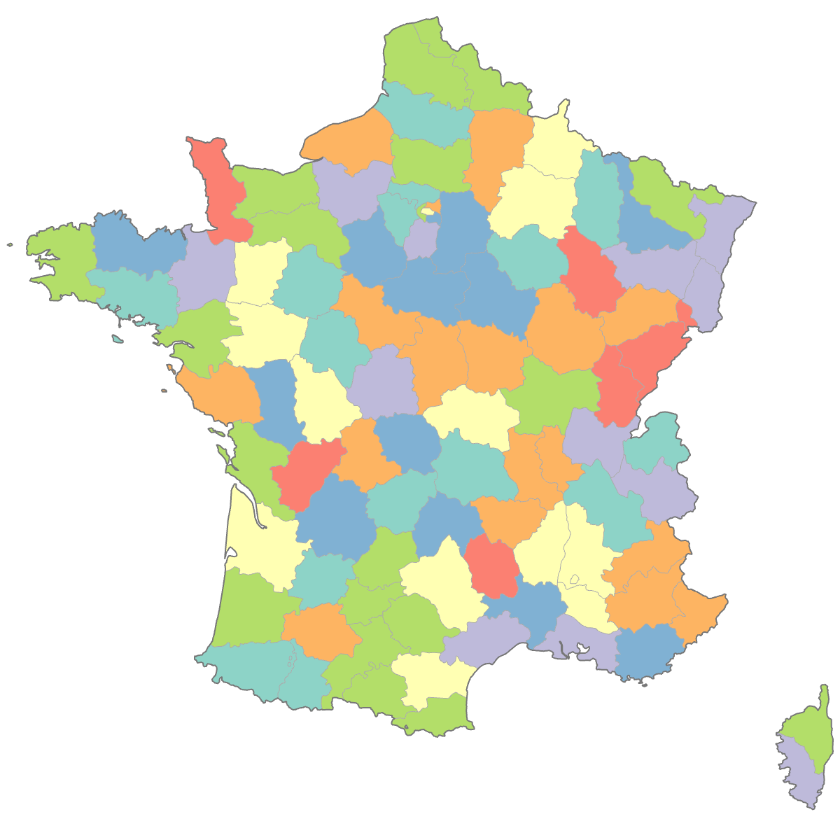 Colored Map of France Departments