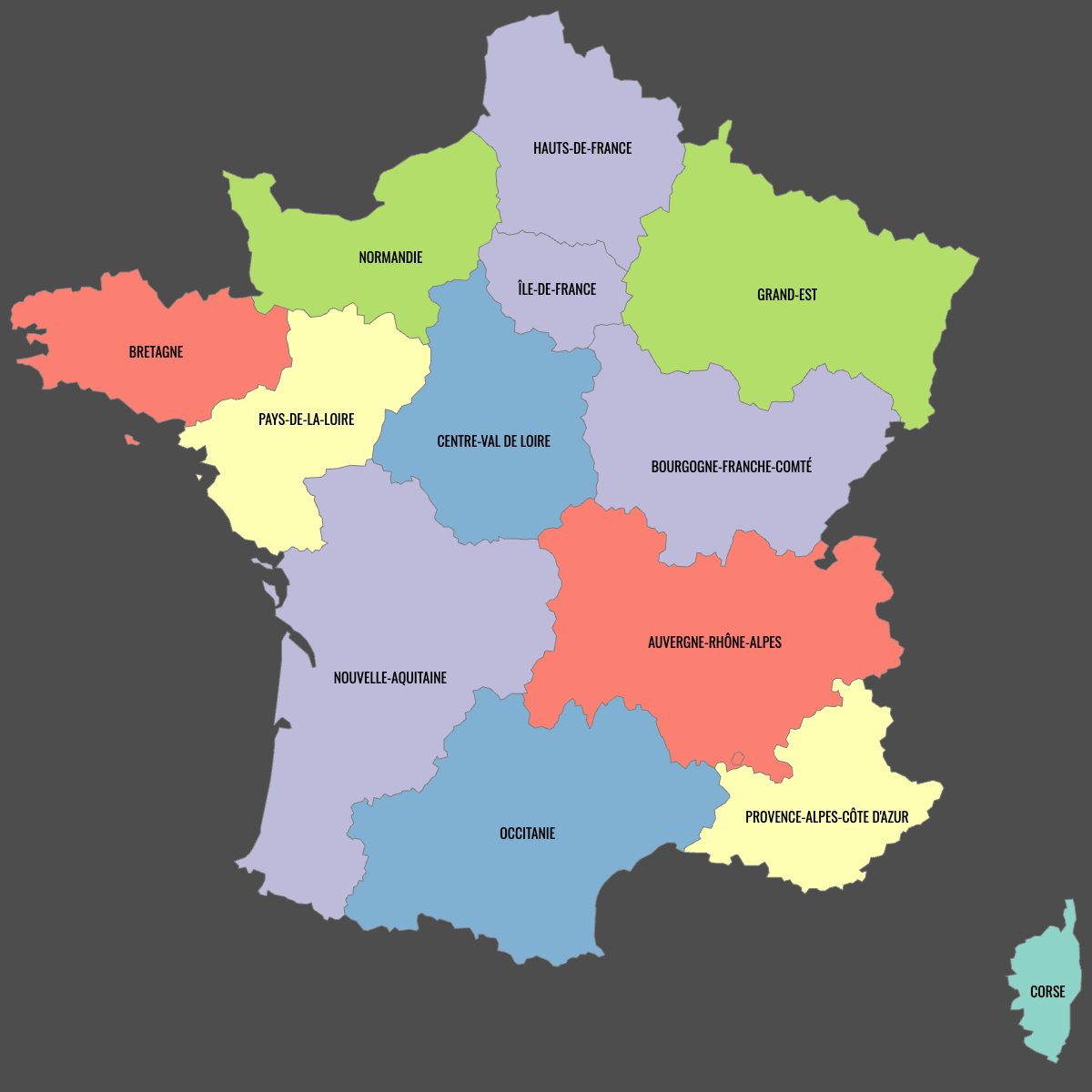 Colored Map of France Regions with Labels (Dark Theme)