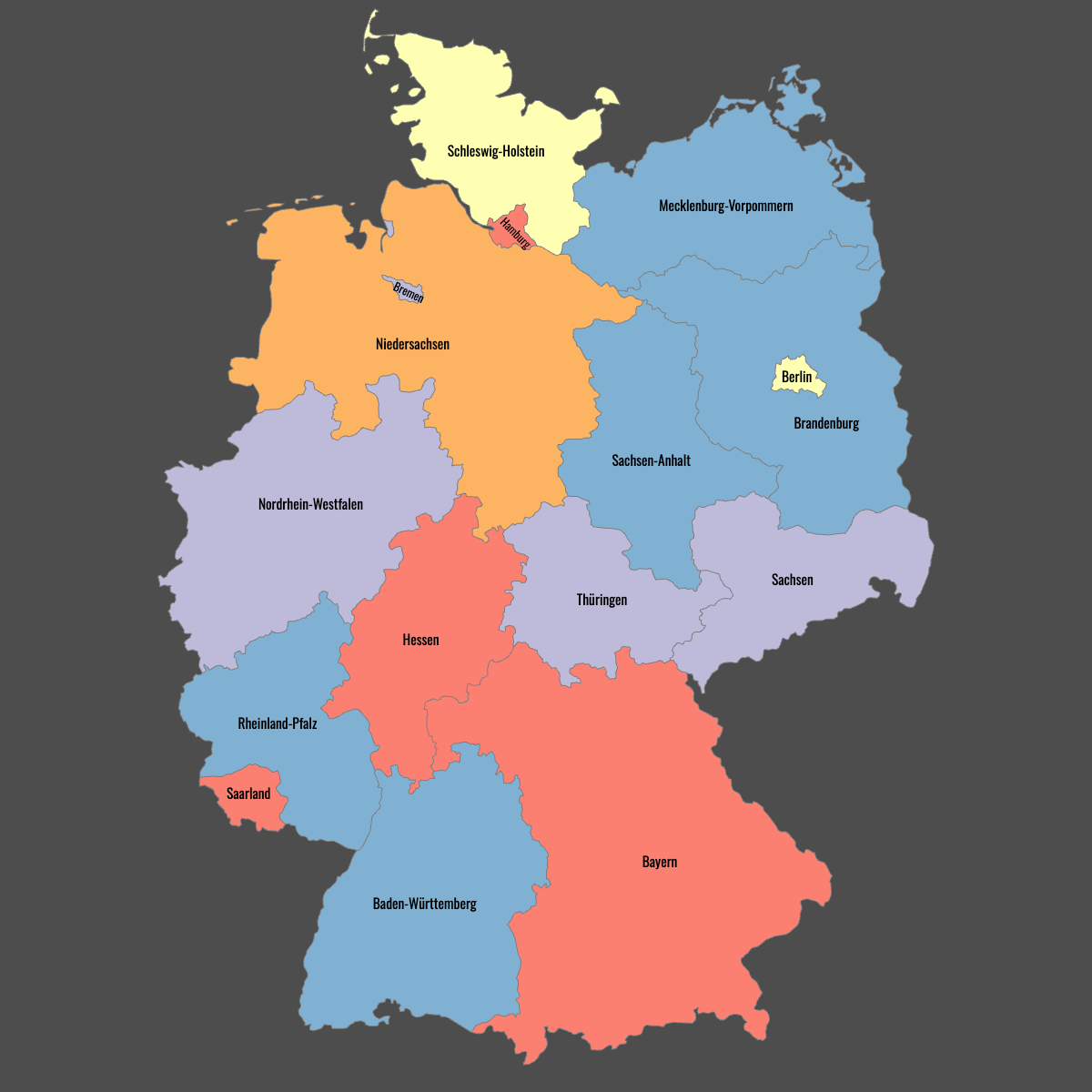 Colored Map of Germany States with Labels (Dark Theme)