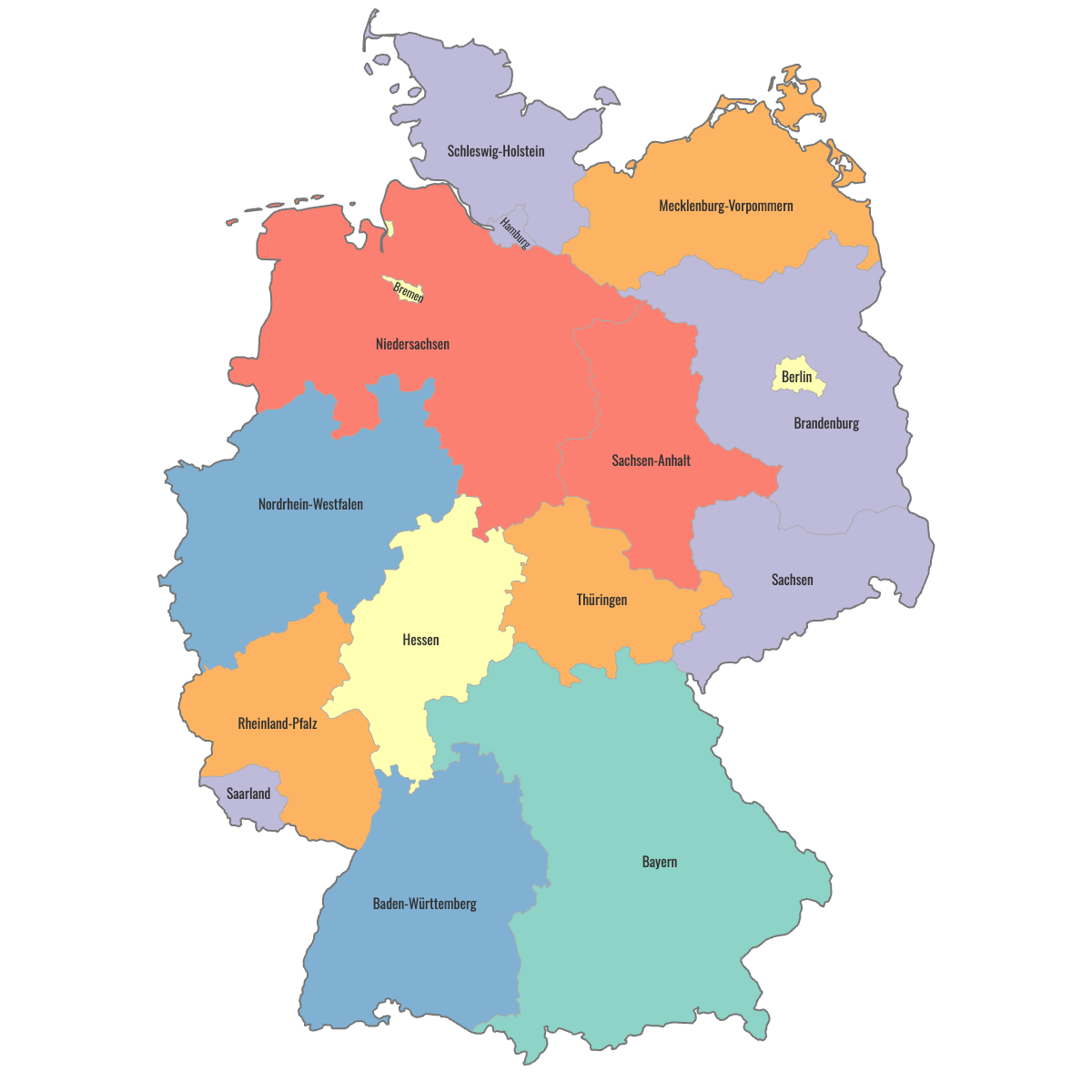 Colored Map of Germany States with Labels