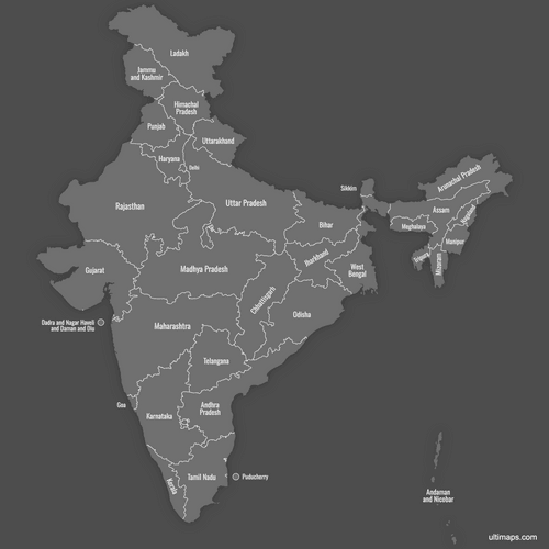 Preview of Labeled Map of India (Dark)