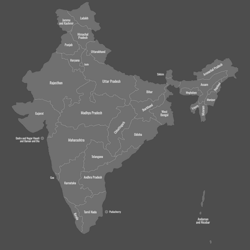 Preview of Labeled Map of India (Dark)