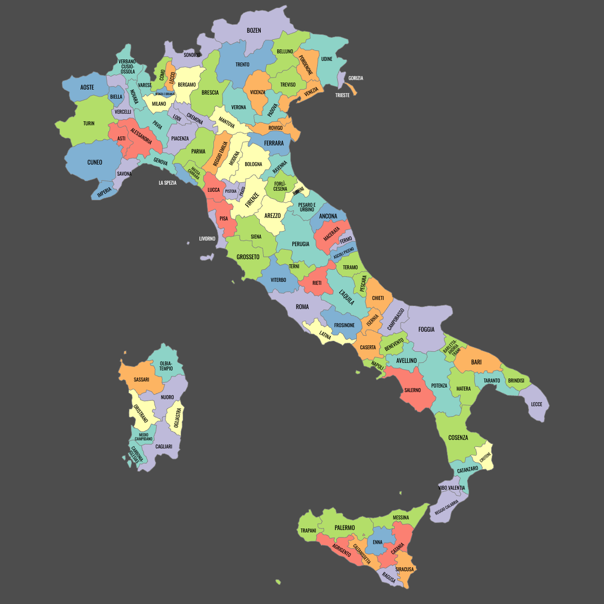 Colored Map of Italy Provinces with Labels (Dark Theme)