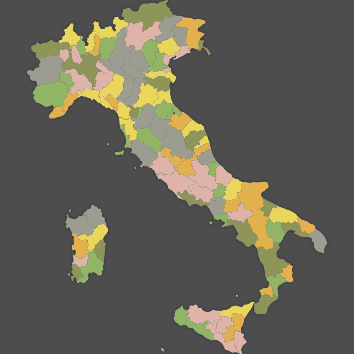 Colored Map of Italy Provinces (Dark Theme)